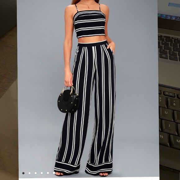 Navy Blue and White Striped Two-Piece Jumpsuit - Picture 4 of 6